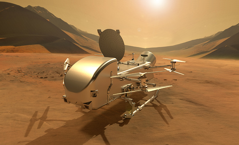 Artist's rendering of the Dragonfly rotorcraft-lander on the surface of Saturn's moon Titan. (Credit: Johns Hopkins APL)