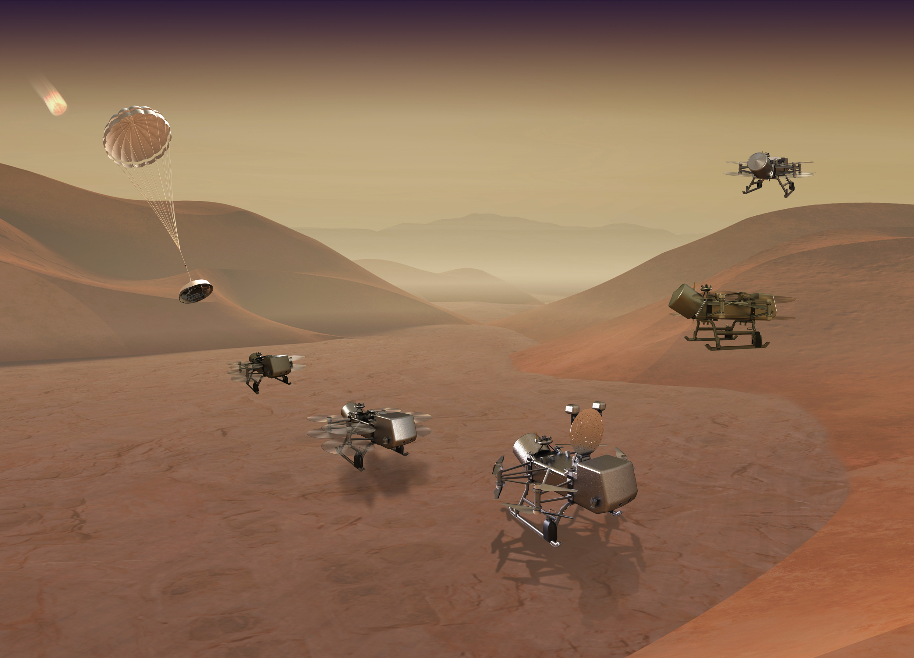 Illustration of Dragonfly landing and flying over Titan's surface