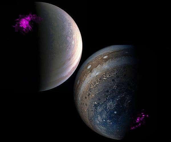 Image of Jupiter's poles overlaid with images of where x-rays emit