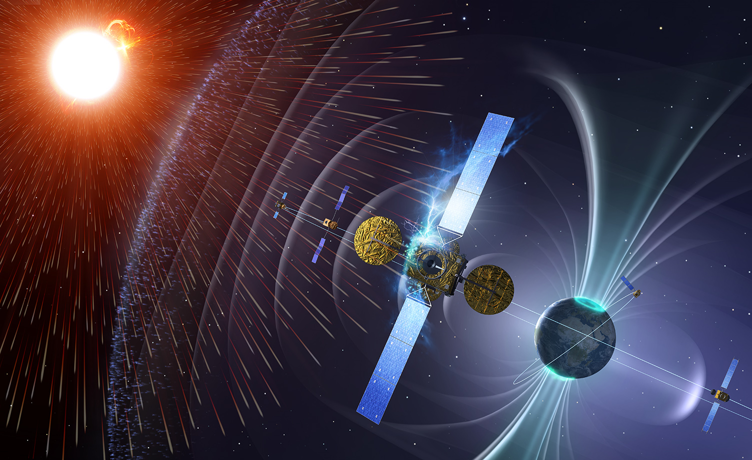 Artist's impression of particles from Sun passing over a satellite, which causes a lightning strike on the satellite