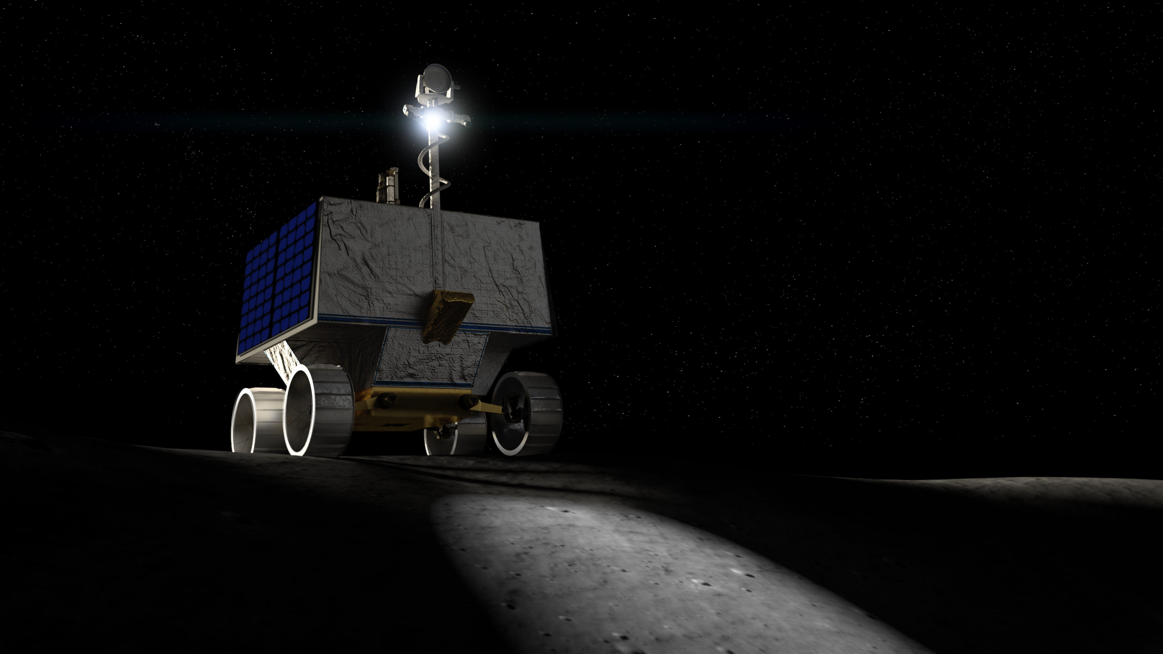 A depiction of a rover on the Moon, illuminating a portion of the surface in front of it