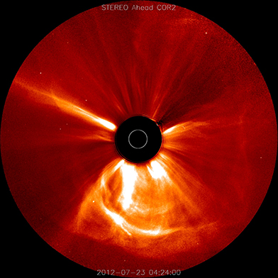 Image showing a bright CME coming off from the Sun, which is obscured by a black disk
