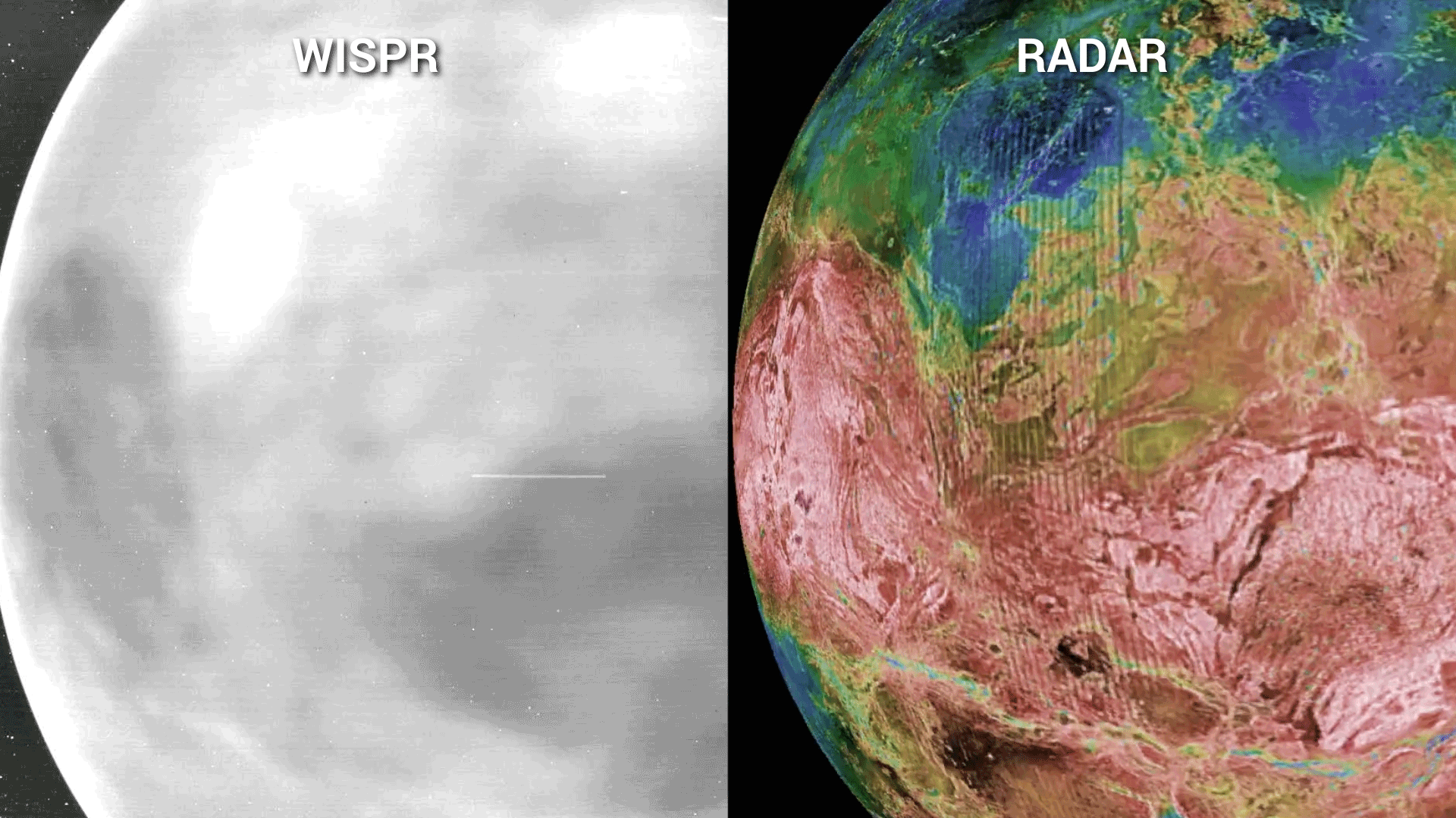 Two scanning videos side by side of Venus' surface in visible light and radar