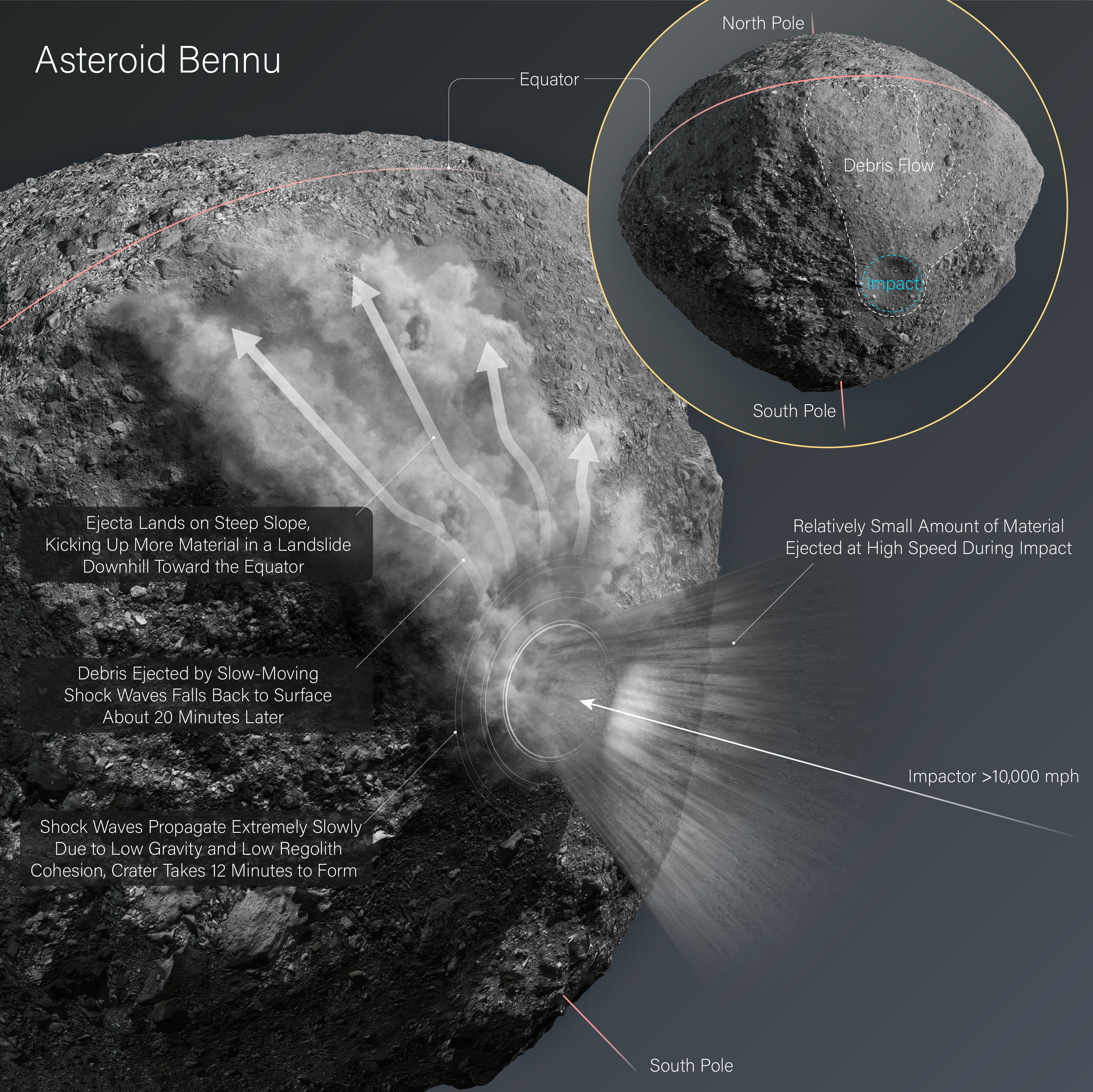 Three-dimensional illustration of asteroid Bennu, showing with arrows the direction of a landslide on its surface and a small inset of the asteroid at the top showing the aftermath 