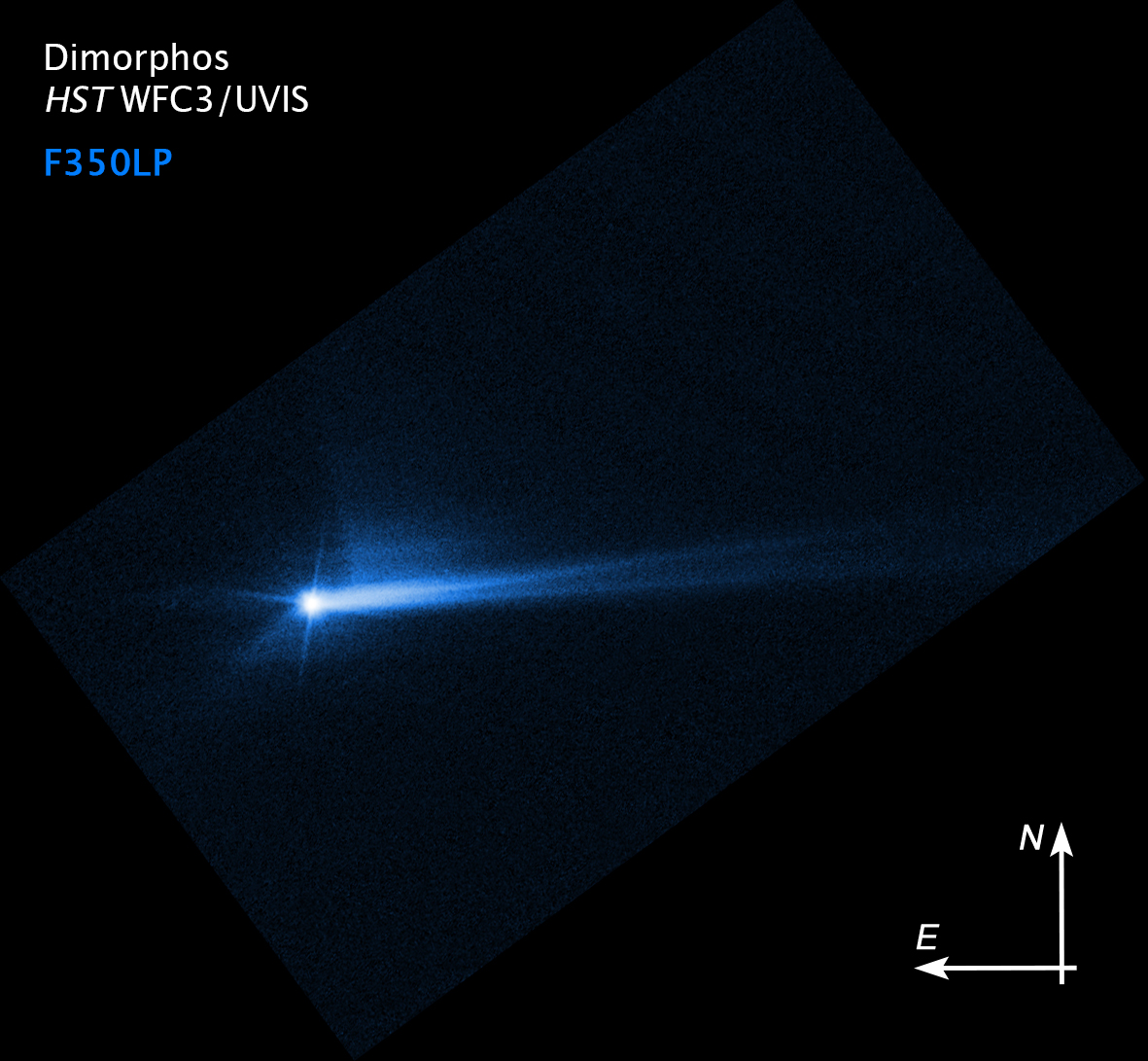Image of Dimorphos after impact, looking like a blue comet with two tails streaming behind it