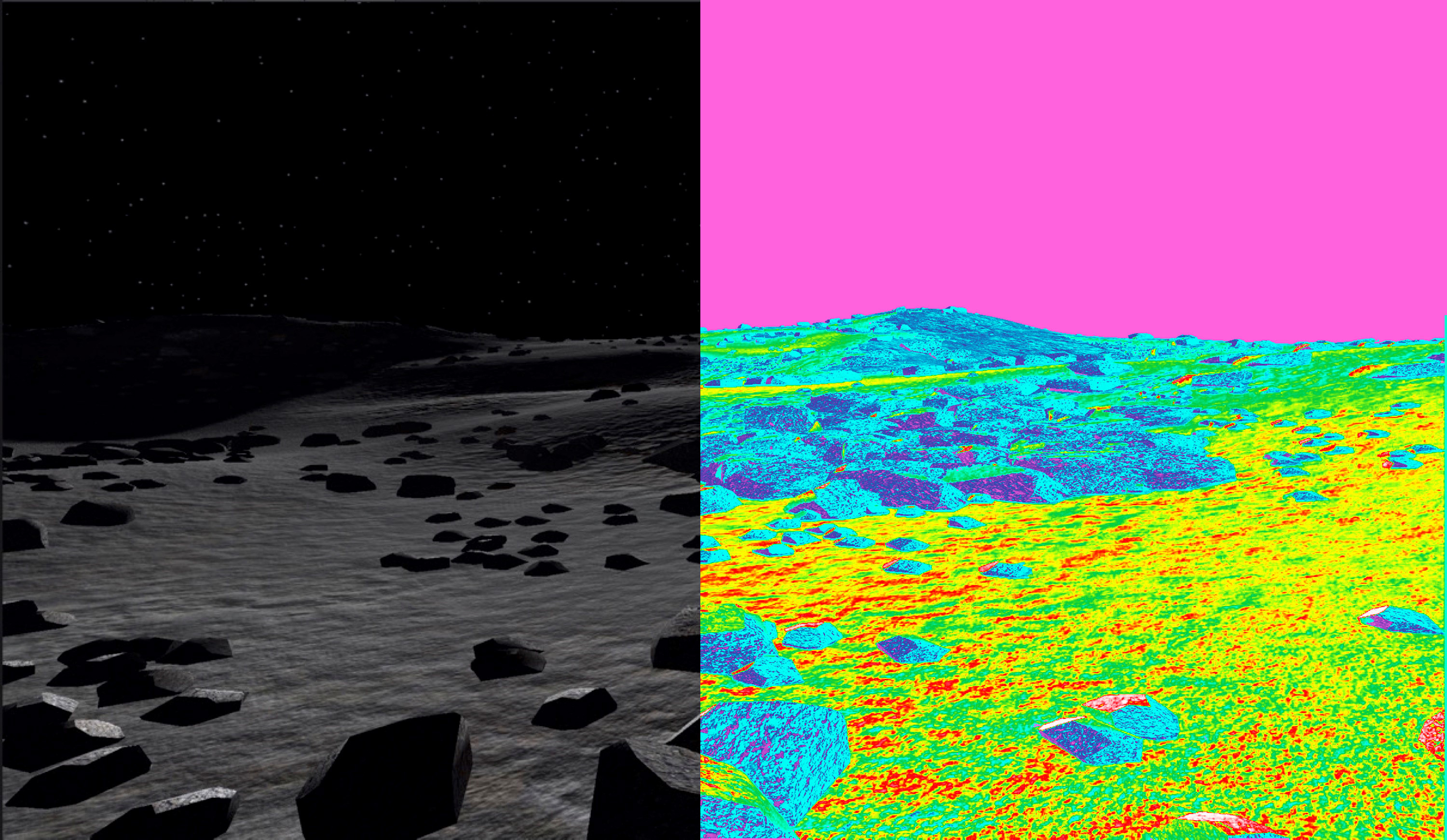 A split screen view of the Moon's surface, with the left from an eye's view, and the right from LAFORGE's view, showing colors representing temperatures