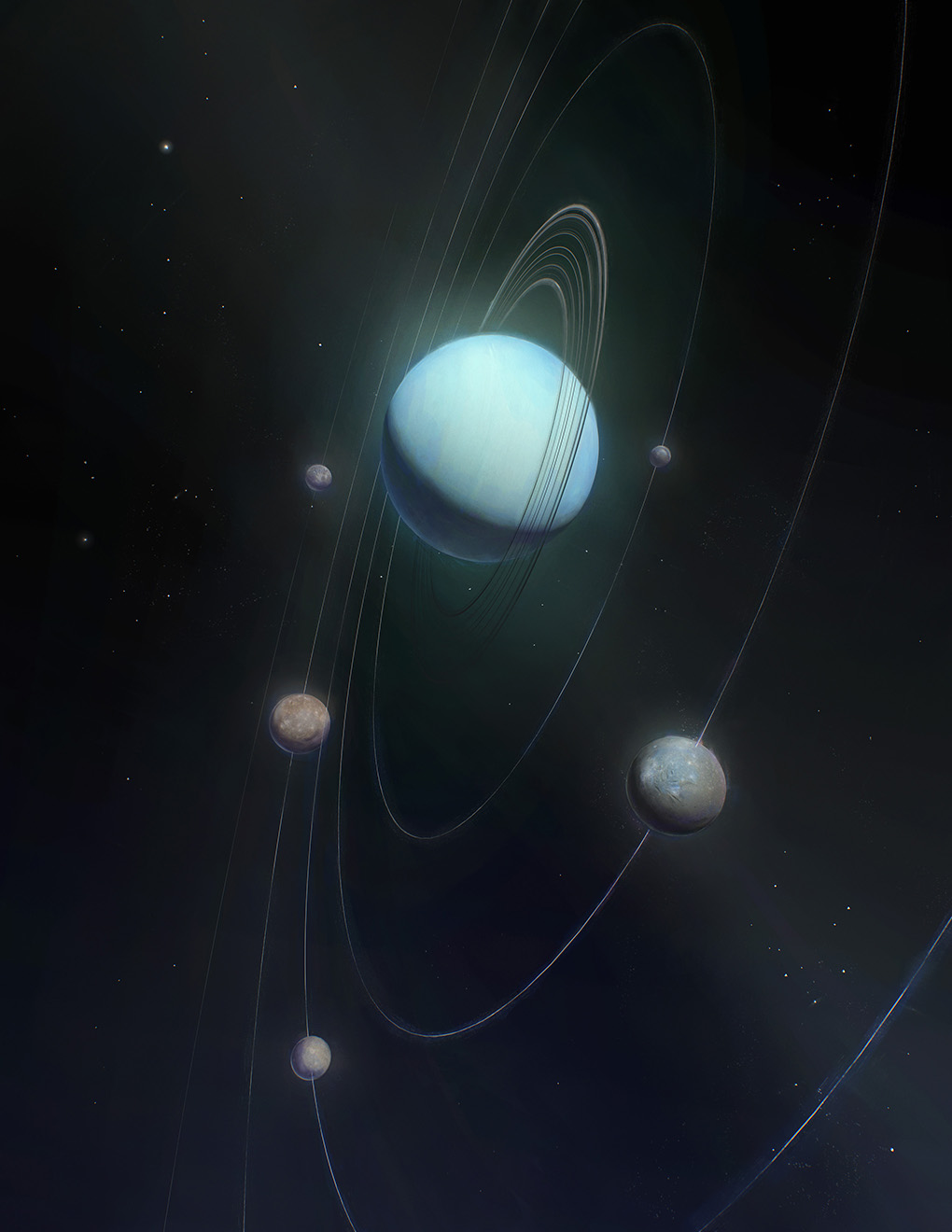 Illustration with Uranus as a turquoise sphere and rings tilted slightly off vertical. Around Uranus are five rocky moons moving along their nearly vertical orbits, which are marked by light gray lines