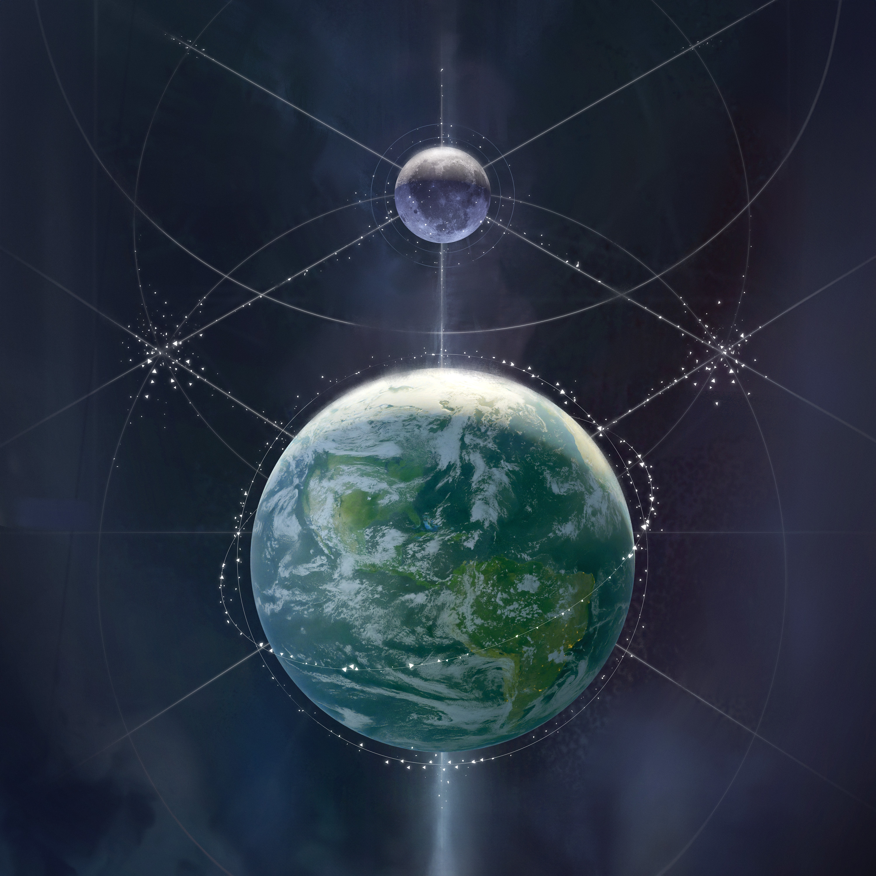 An illustration of Earth and the Moon with faint lines connecting them and stretching out in various directions, like a network