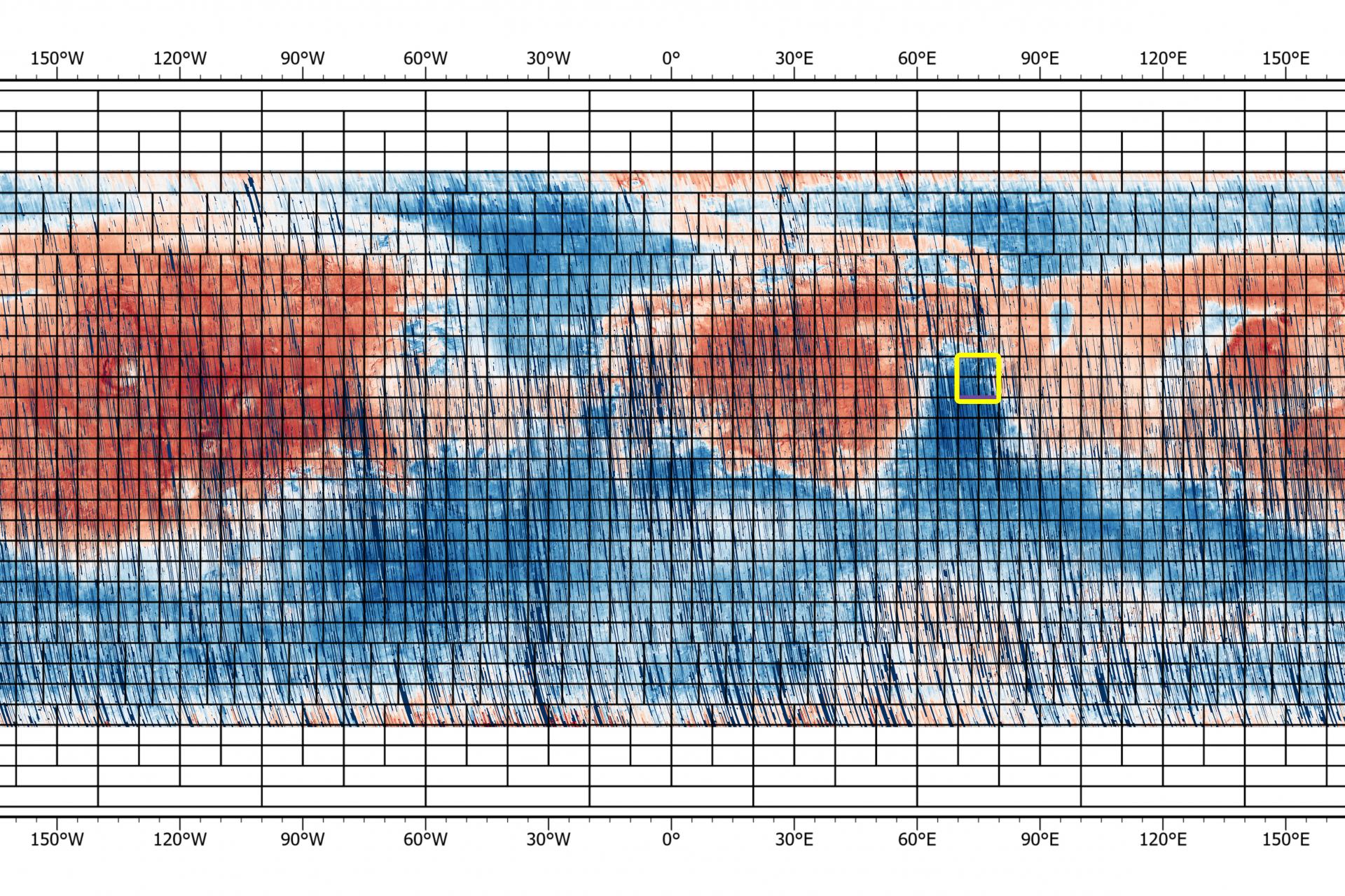 A rectangular map of Mars&#039; surface in blues and reds to signify different types of minerals on the surface