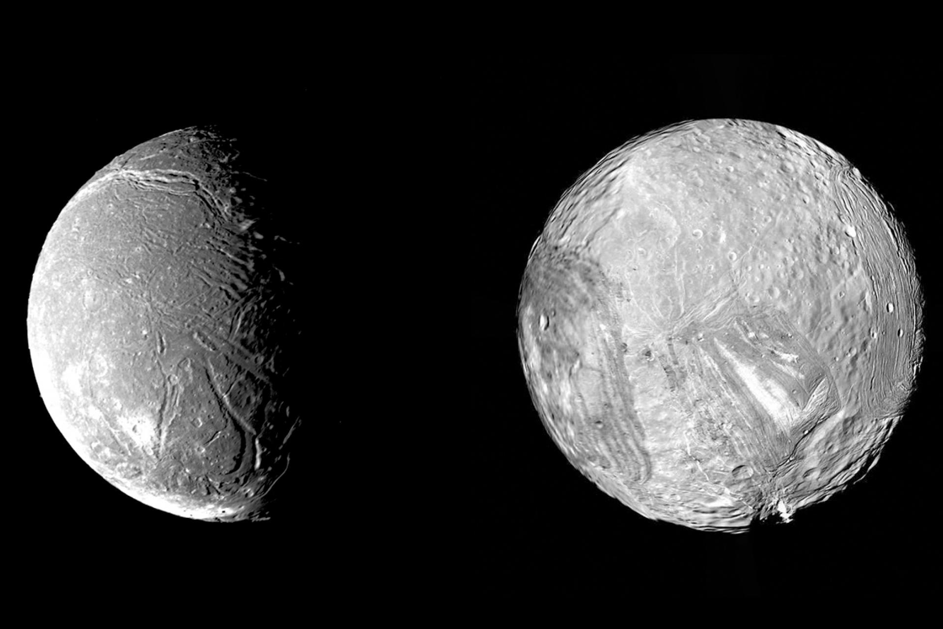 Composite of two Voyager 2 images of Uranus&#039; moons Ariel on the left (only half of it lit from the left) and Miranda on the right