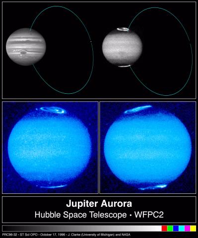 Collage of Jupiter images in visible and ultraviolet light, showing link between Io and Jupiter
