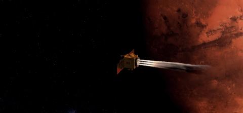Artist's impression of a spacecraft crossing in front of shadowed Mars