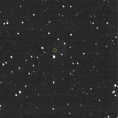 Starry image with yellow circle marking where Voyager 1 is relative to New Horizons