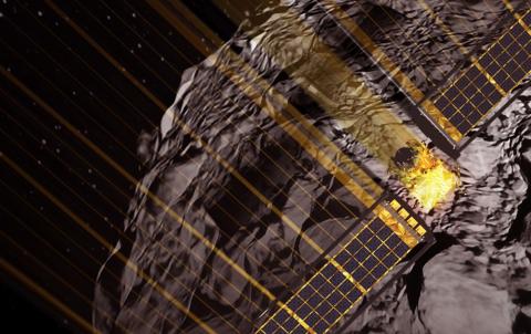 An illustration of a gold-colored spacecraft with large solar panels crashing into a coarse asteroid in space. Golden streams flow behind the spacecraft, giving the illusion that it's moving quickly.